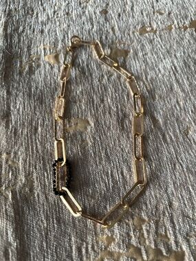 Gold Paperclip Chain Necklace with Black Bead Rectangle Pendant